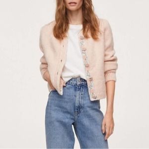 Mango Matilda Light Pink Chunky Knit Cardigan Alpaca Blend Small